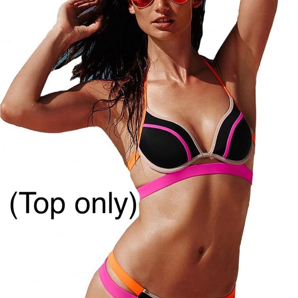 VS Hottie Halter: Victoria’s Secret Double-Banded Bikini Top Black, Pink, Orange - Picture 1 of 7